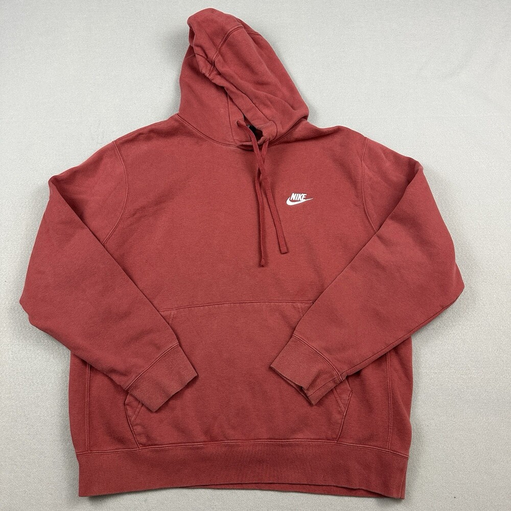 Nike Sportswear Hoodie Men Large Red Solid Club Fleece Pullover Essential L